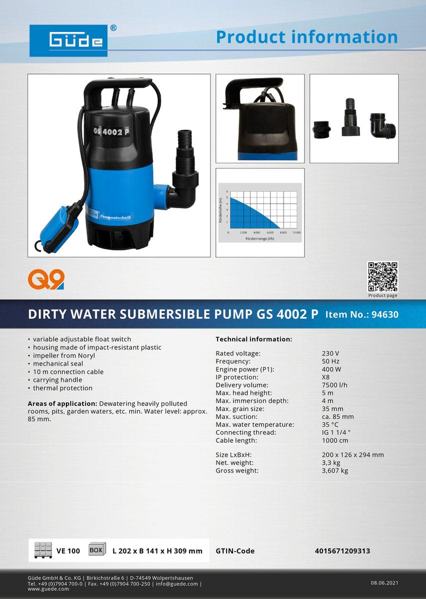 Güde Vuilwaterpomp 7500 L/h GS 4002 P - Dompelpomp - Waterpomp