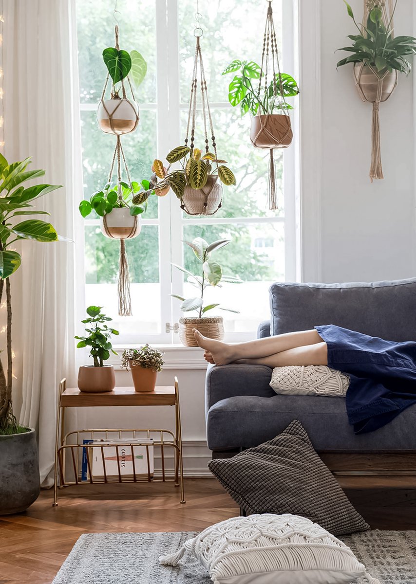  5 Stuks Luxe Jute Plantenhangers - Boho Handgeweven Katoen Hangpot Voor Binnen/Buiten - Hangende Bloempot Met Kralen - Macramé Touw/Koord Hangplant Houder - Bohemian Wandhanger Decoratie - Plant Hanger - Verticale Tuin Bloempothouder Planthanger