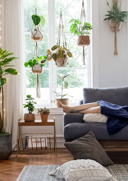  5 Stuks Luxe Jute Plantenhangers - Boho Handgeweven Katoen Hangpot Voor Binnen/Buiten - Hangende Bloempot Met Kralen - Macramé Touw/Koord Hangplant Houder - Bohemian Wandhanger Decoratie - Plant Hanger - Verticale Tuin Bloempothouder Planthanger