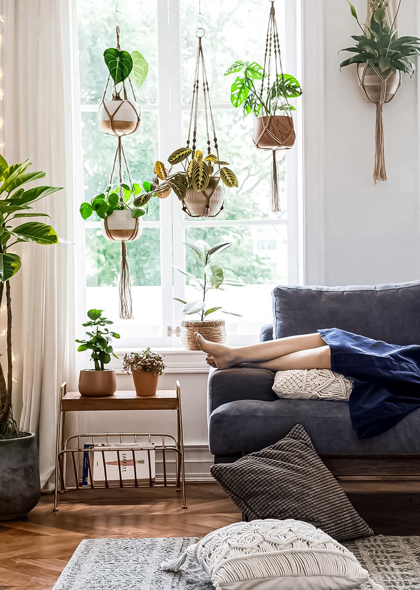  4 Stuks Luxe Jute Plantenhangers - Boho Handgeweven Katoen Hangpot Voor Binnen/Buiten - Hangende Bloempot Met Kralen - Macramé Touw/Koord Hangplant Houder - Bohemian Wandhanger Decoratie - Plant Hanger - Verticale Tuin Bloempothouder Planthanger