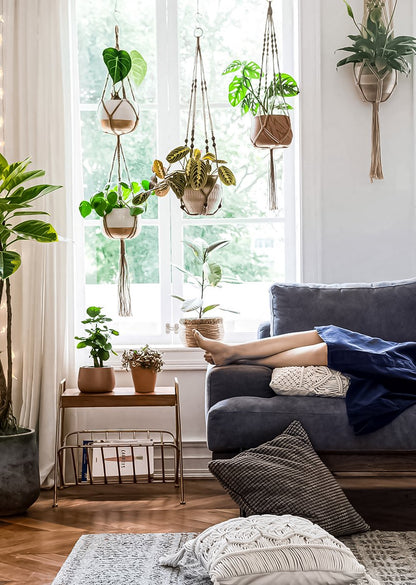  4 Stuks Luxe Jute Plantenhangers - Boho Handgeweven Katoen Hangpot Voor Binnen/Buiten - Hangende Bloempot Met Kralen - Macramé Touw/Koord Hangplant Houder - Bohemian Wandhanger Decoratie - Plant Hanger - Verticale Tuin Bloempothouder Planthanger