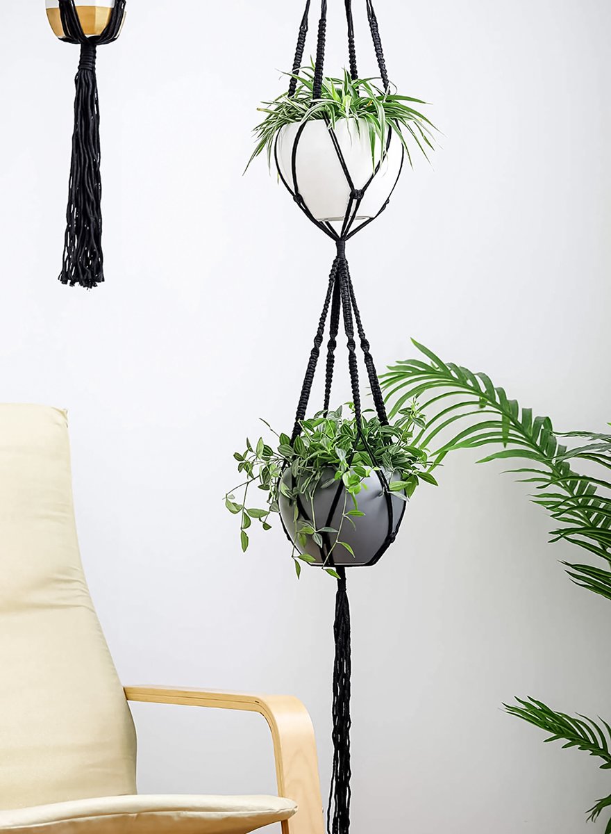  4 Stuks Luxe Macrame Plantenhangers - Boho Handgeweven Katoen Hangpot Voor Binnen/Buiten - Hangende Bloempot Met Kralen - Macramé Touw/Koord Hangplant Houder - Bohemian Wandhanger Decoratie - Plant Hanger - Verticale Tuin Bloempothouder Planthanger