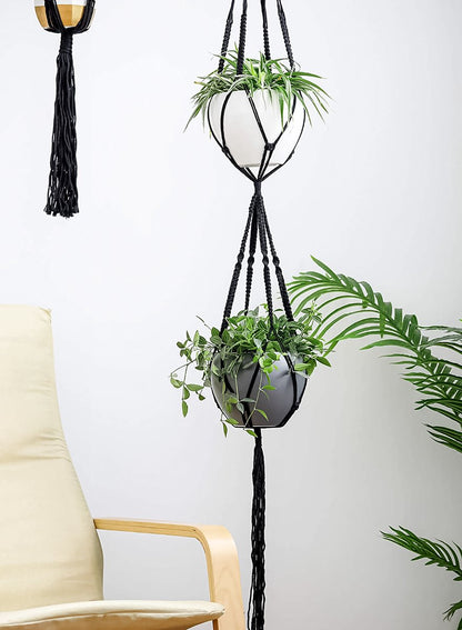  4 Stuks Luxe Macrame Plantenhangers - Boho Handgeweven Katoen Hangpot Voor Binnen/Buiten - Hangende Bloempot Met Kralen - Macramé Touw/Koord Hangplant Houder - Bohemian Wandhanger Decoratie - Plant Hanger - Verticale Tuin Bloempothouder Planthanger