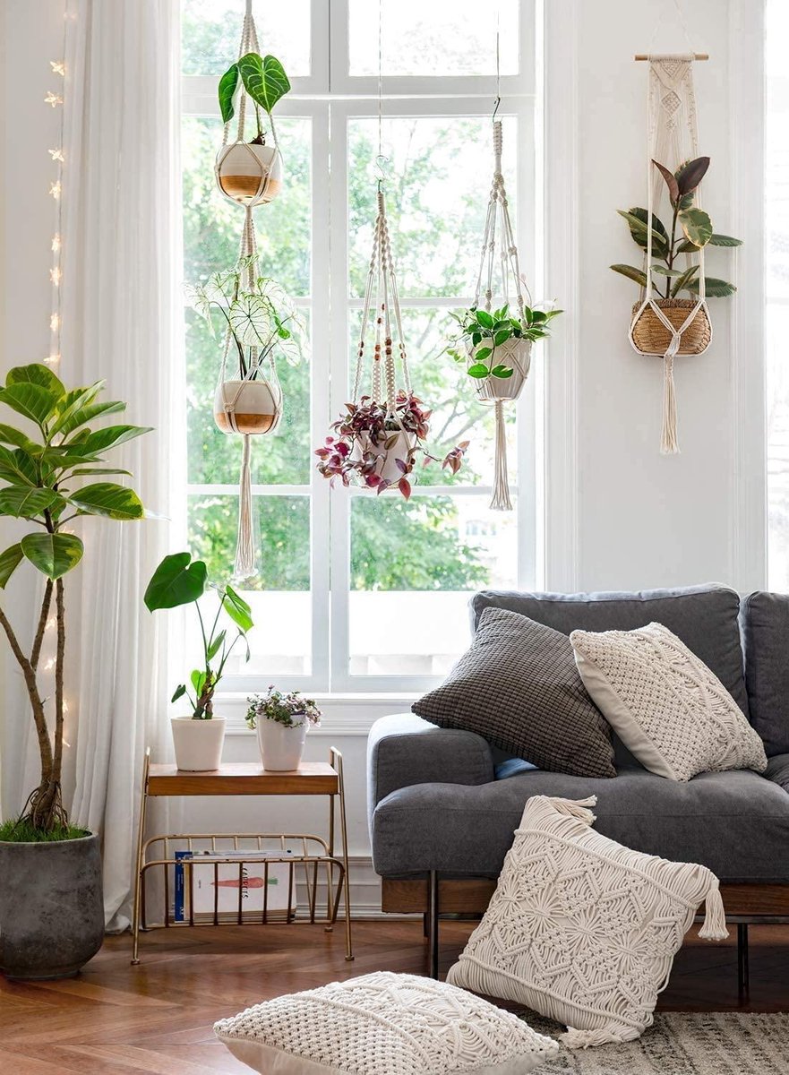  4 Stuks Plantenhangers - Boho Handgeweven Katoen Hangpot Voor Binnen/Buiten - Bloempot Met Kralen - Macramé Touw/Koord Hangplant Houder - Bohemian Wandhanger Decoratie - Verticale Tuin Plant Hanger Bloempothouder Planthanger Wit