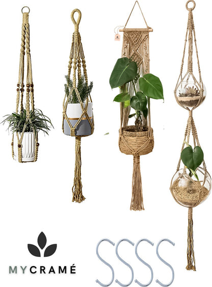  4 Stuks Luxe Jute Plantenhangers - Boho Handgeweven Katoen Hangpot Voor Binnen/Buiten - Hangende Bloempot Met Kralen - Macramé Touw/Koord Hangplant Houder - Bohemian Wandhanger Decoratie - Plant Hanger - Verticale Tuin Bloempothouder Planthanger