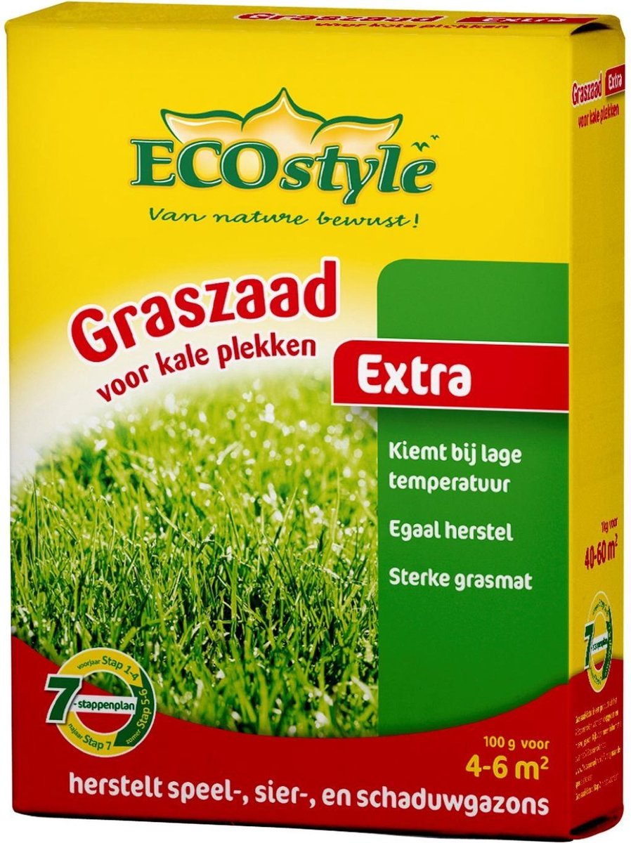  ECOstyle Extra Graszaad Herstel - Inzaaien Van Kale Plekken En Beschadigde Delen - Vogelwerende Coating - Dicht &amp; Sterk Gazon - Kiemt Bij Lage Temperatuur - 4-6 M² - 100 GR