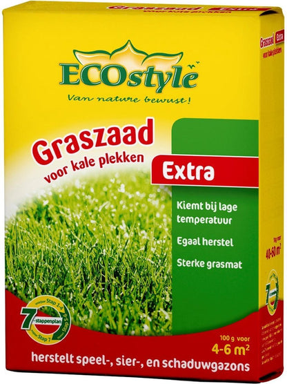  ECOstyle Extra Graszaad Herstel - Inzaaien Van Kale Plekken En Beschadigde Delen - Vogelwerende Coating - Dicht &amp; Sterk Gazon - Kiemt Bij Lage Temperatuur - 4-6 M² - 100 GR