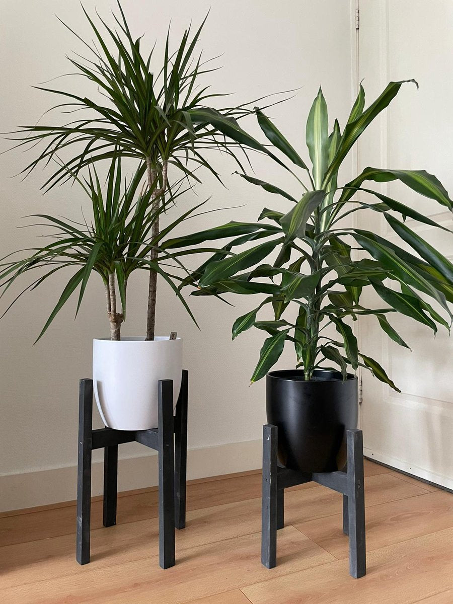  Plantenstandaard Binnen - Set Van 2 - Diameter Tot 24 Cm - Plantenkruk - Bloempotten Voor Binnen - Plantentafeltje Voor Binnen - Bloempot Standaard - Plantenstandaard - Hout - Mat Zwart/Donkergrijs