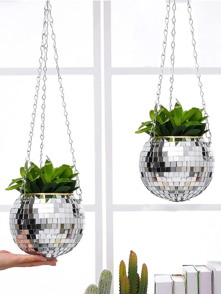 Discobal Hangplant - Bloempot - Hangplant - Disco - Discobal - Spiegel - Zilver - Hangpot - Glitter - Planten In Bak - Hangend - Staand