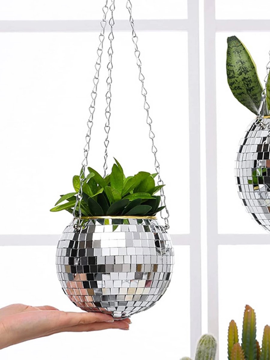  Discobal Hangplant - Bloempot - Hangplant - Disco - Discobal - Spiegel - Zilver - Hangpot - Glitter - Planten In Bak - Hangend - Staand