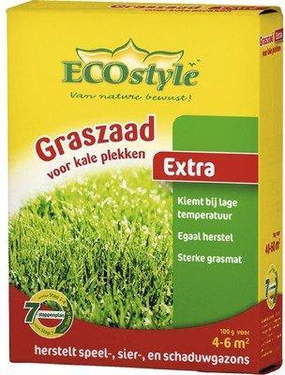  ECOstyle Extra Graszaad Herstel - Inzaaien Van Kale Plekken En Beschadigde Delen - Vogelwerende Coating - Dicht &amp; Sterk Gazon - Kiemt Bij Lage Temperatuur - 4-6 M² - 100 GR