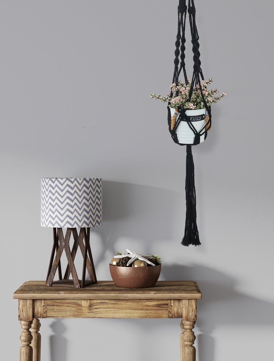  4 Stuks Zwarte Macrame Plantenhangers - Boho Handgeweven Katoen Hangpot Voor Binnen/Buiten - Hangende Bloempot Met Kralen - Macramé Touw/Koord Hangplant Houder - Bohemian Wandhanger Decoratie - Plant Hanger - Verticale Tuin Bloempothouder Planthanger