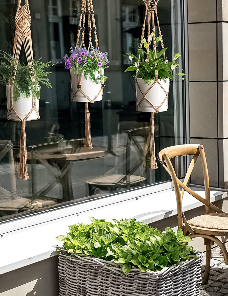  5 Stuks Jute Macrame Plantenhangers - Boho Handgeweven Katoen Hangpot Voor Binnen/Buiten - Hangende Bloempot Met Kralen - Macramé Touw/Koord Hangplant Houder - Bohemian Wandhanger Decoratie - Plant Hanger - Verticale Tuin Bloempothouder Planthanger
