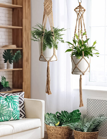  5 Stuks Jute Macrame Plantenhangers - Boho Handgeweven Katoen Hangpot Voor Binnen/Buiten - Hangende Bloempot Met Kralen - Macramé Touw/Koord Hangplant Houder - Bohemian Wandhanger Decoratie - Plant Hanger - Verticale Tuin Bloempothouder Planthanger