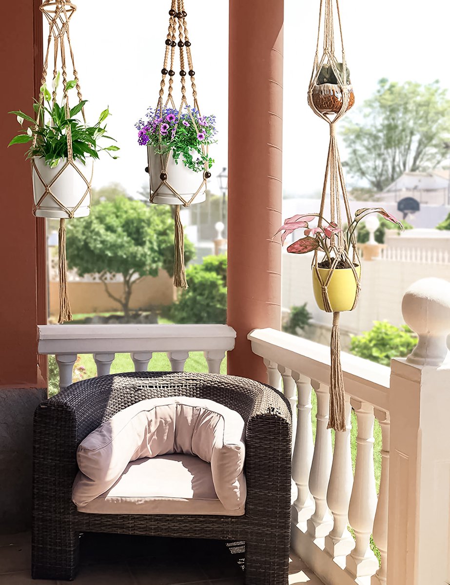  4 Stuks Luxe Jute Plantenhangers - Boho Handgeweven Katoen Hangpot Voor Binnen/Buiten - Hangende Bloempot Met Kralen - Macramé Touw/Koord Hangplant Houder - Bohemian Wandhanger Decoratie - Plant Hanger - Verticale Tuin Bloempothouder Planthanger