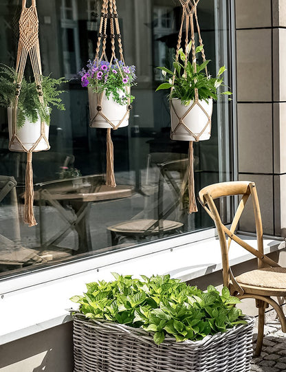  4 Stuks Luxe Jute Plantenhangers - Boho Handgeweven Katoen Hangpot Voor Binnen/Buiten - Hangende Bloempot Met Kralen - Macramé Touw/Koord Hangplant Houder - Bohemian Wandhanger Decoratie - Plant Hanger - Verticale Tuin Bloempothouder Planthanger