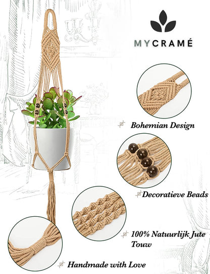  5 Stuks Jute Macrame Plantenhangers - Boho Handgeweven Katoen Hangpot Voor Binnen/Buiten - Hangende Bloempot Met Kralen - Macramé Touw/Koord Hangplant Houder - Bohemian Wandhanger Decoratie - Plant Hanger - Verticale Tuin Bloempothouder Planthanger
