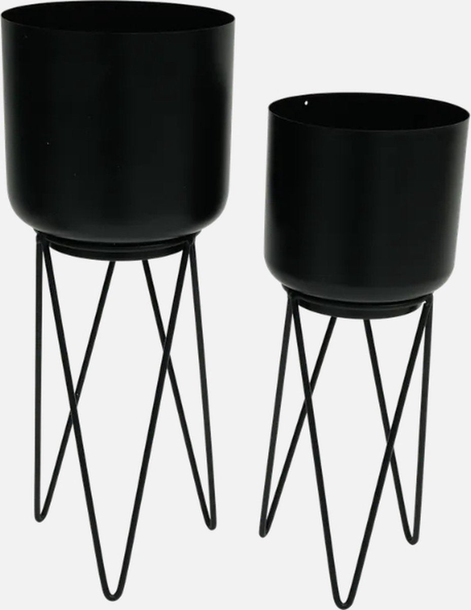 Merkloos Set Metalen Pot Op Standaard - 2 Stuks - Ø 15 X 38,5 Cm + Ø 12,5 X 33,5 Cm - Zwart