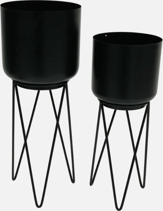 Merkloos Set Metalen Pot Op Standaard - 2 Stuks - Ø 15 X 38,5 Cm + Ø 12,5 X 33,5 Cm - Zwart