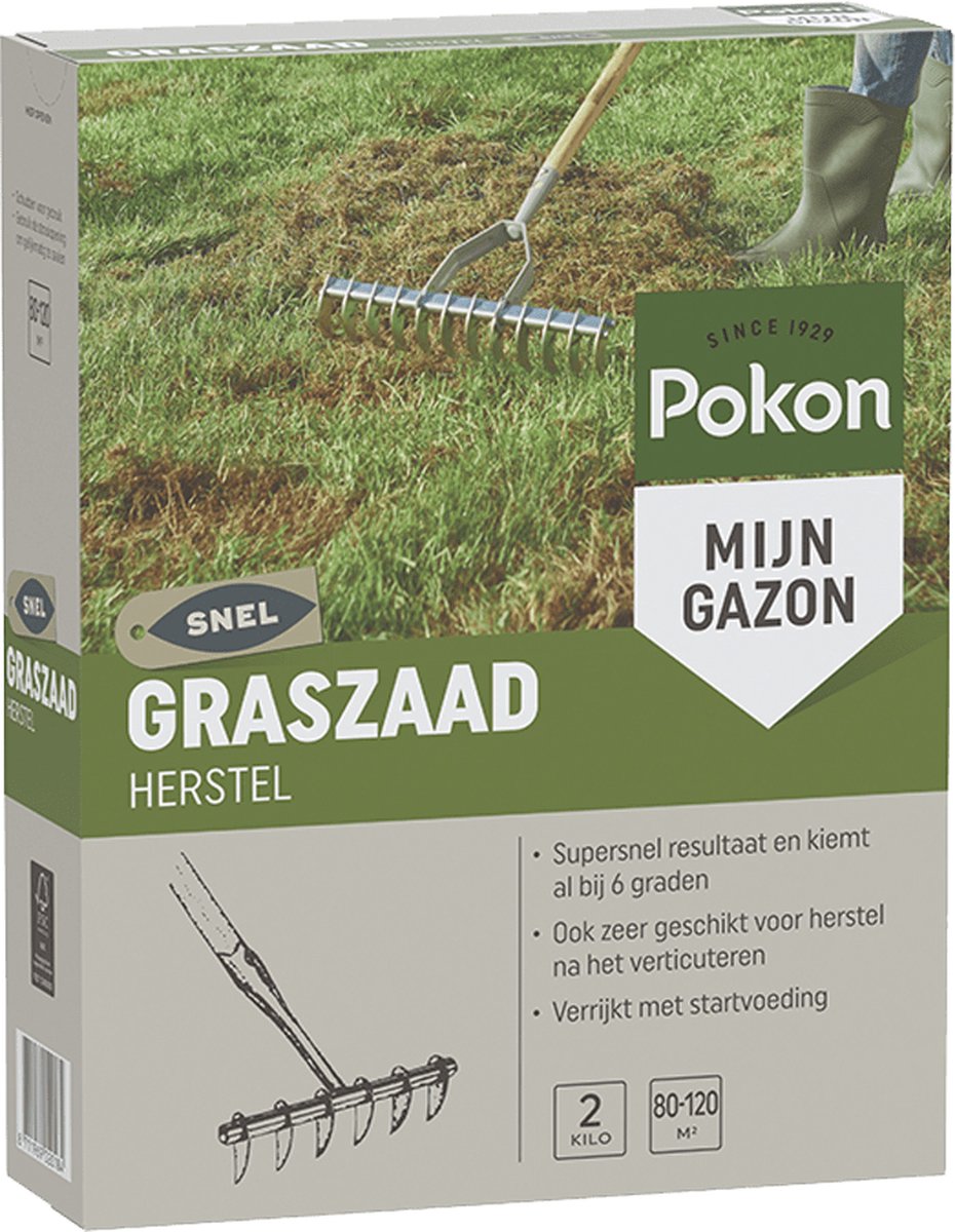  Pokon Graszaad Herstel - 2kg - Gazonherstel - Geschikt Voor 80m² Tot 120m² - Supersnel Egaal Groen Gras