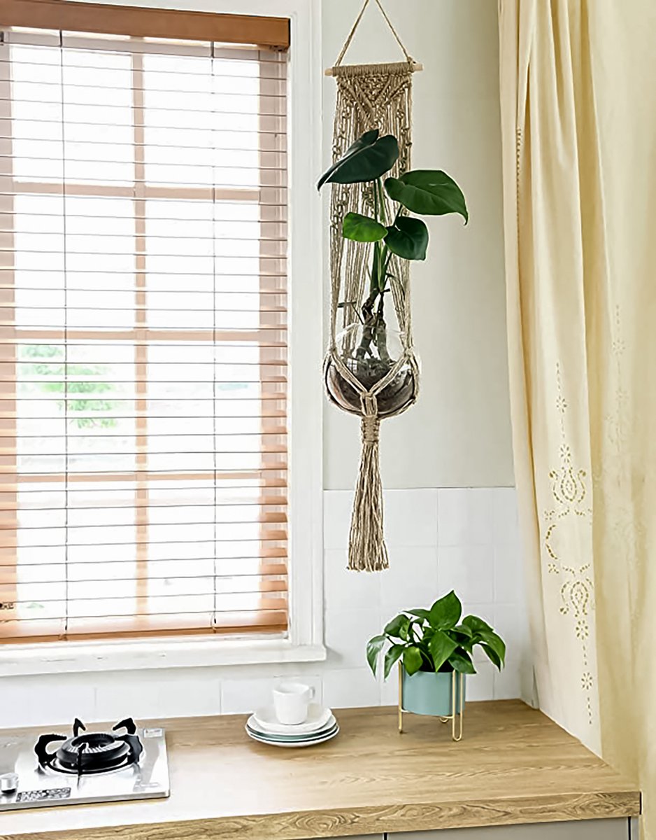  5 Stuks Luxe Jute Plantenhangers - Boho Handgeweven Katoen Hangpot Voor Binnen/Buiten - Hangende Bloempot Met Kralen - Macramé Touw/Koord Hangplant Houder - Bohemian Wandhanger Decoratie - Plant Hanger - Verticale Tuin Bloempothouder Planthanger