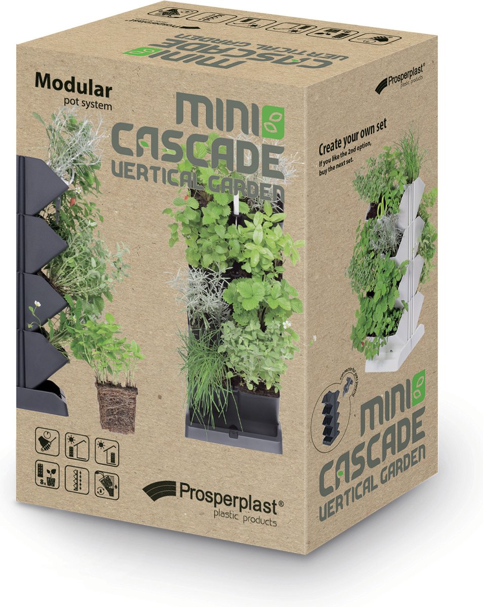 Prosperplast Verticale Kruidentuin Kunststof - Staand/hangend - Modulair - Antraciet Grijs - L 20 X B 11 X H 48 Cm - Incl. Kruidenschaar