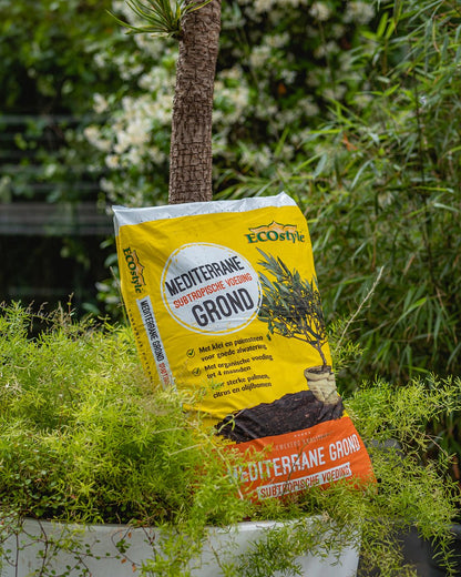 ECOstyle Mediterrane Grond Turfvrije Potgrond Voor Palmen, Citrussen- En Olijfbomen- Subtropische Voeding - Klei &amp; Puimsteen - Terras &amp; Tuin - 30 L