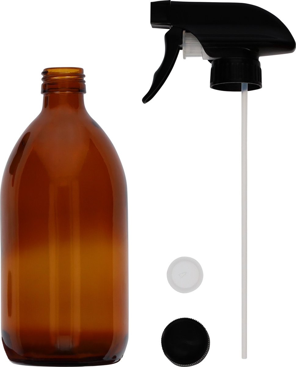  QUVIO Sprayfles - Spuitfles - Plantenspuit - Schoonmaak Spuit - Huishoudspray - Leeg/Hervulbaar - Kamerspray - Allesreiniger - Glazen Sprayflacon - Waterspuit - Kappersspuit - 500 Ml - Glas - Bruin - Zwart