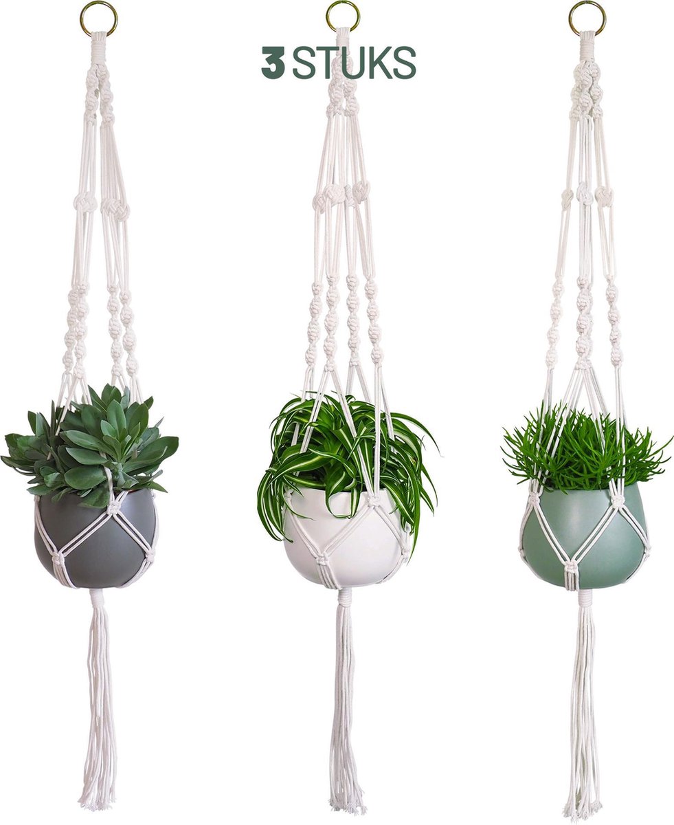 Gadgy Plantenhanger Macramé 3 Stuks - Luxe Gevlochten Touw Katoen - Plantenpot Ophangen - Hangpot